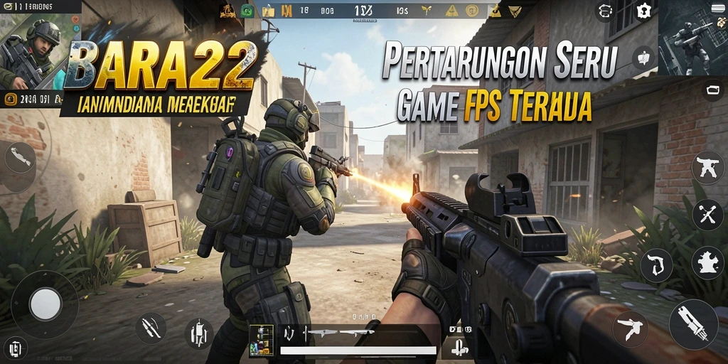 Tangkapan layar utama BARA22 menampilkan pertempuran seru dalam game FPS.