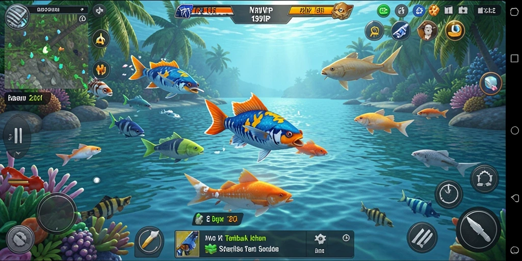 Tampilan gameplay seru dalam G9VIP menembak ikan dengan berbagai senjata.
