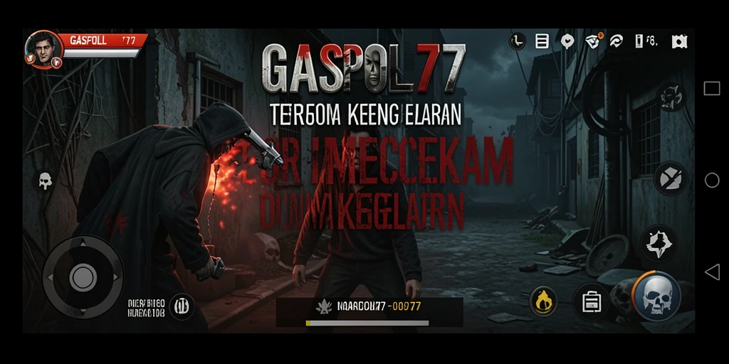 Screenshot gameplay GASPOL77 menampilkan suasana mencekam dan karakter menyeramkan.