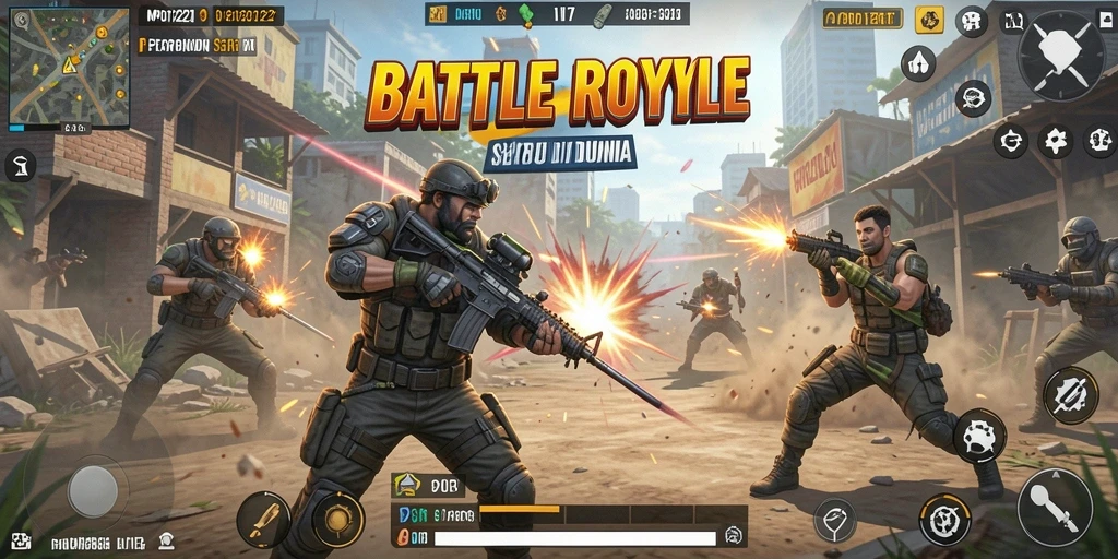 Screenshot MPO1221 menampilkan aksi pertempuran seru di arena Battle Royale.