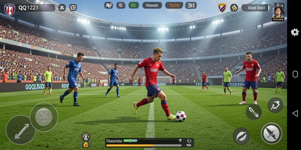Screenshot gameplay menampilkan pertandingan sepak bola yang intens.
