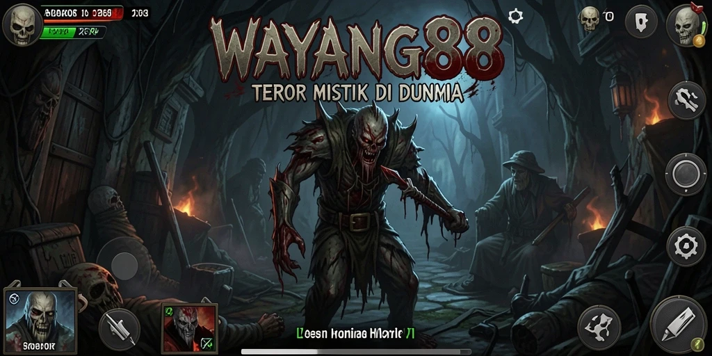 Tangkapan layar permainan WAYANG88 menampilkan suasana mencekam dengan karakter hantu.